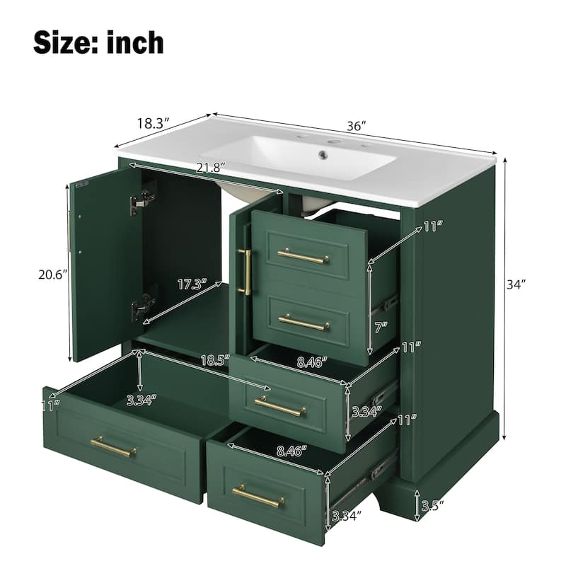 36" Traditional Bathroom Vanity with Ceramics Sink , Green Bathroom Cabinet with Two Soft Close Doors and Four Drawers