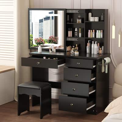 Vanity Desk Lighted Mirror Makeup Vanity Table Set w/Charging Station