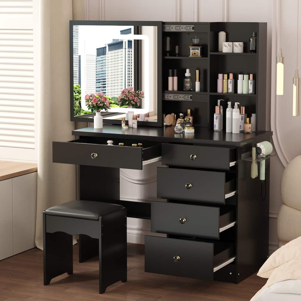 Vanity Desk Lighted Mirror Makeup Vanity Table Set w/Charging Station