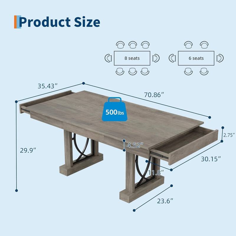 71-inch Elegant Dining Table with Storage Drawers for Dining Spaces (Only Table)