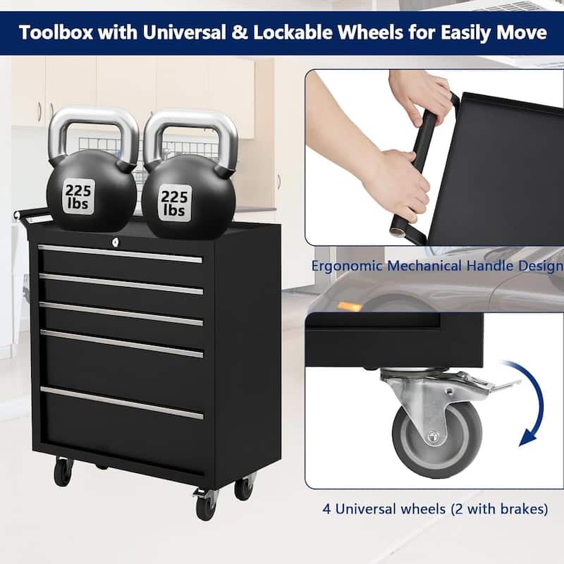 26-Inch 5-Drawer Rolling Tool Chest with Lockable Wheels - N/A
