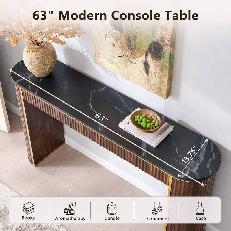 Modern 63" Fluted Console Table, Faux Marble Texture Top, Entry Table