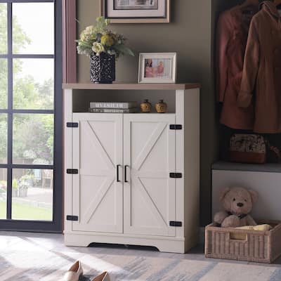 Shoe Storage Cabinet with Barn Doors, 6-Tiers Shoe Rack Organizer, Shoe Cabinet with Open Shelf & Adjustable Shelf