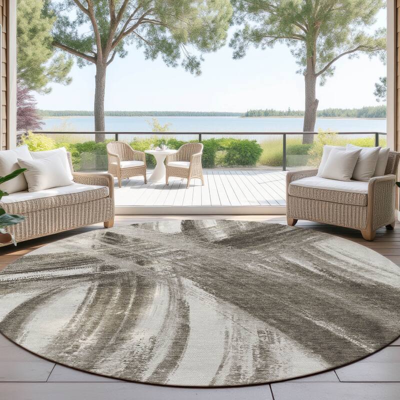 Machine Washable Indoor/ Outdoor Abstract Brushstroke Chantille Rug - Taupe - 8' x 8'