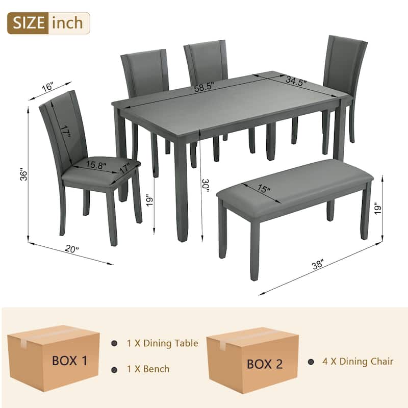 6 Piece Dining Table Set, Wooden Kitchen Table Chair Set with Rectangular Table, Bench and 4 Upholstered Chairs