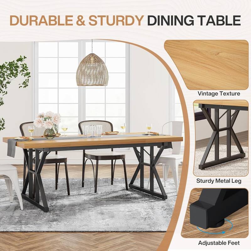71" Farmhouse Dining Table Rectangular with X-Trestle Metal Legs Light Walnut & Black