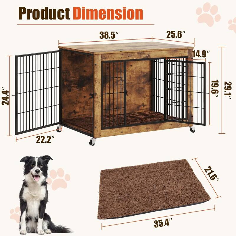 BOSSIN Dog Crate Furniture with Cushion, 32 Inch Double Doors Wooden Dog House Side End Table with Wheels for Small Medium Dogs