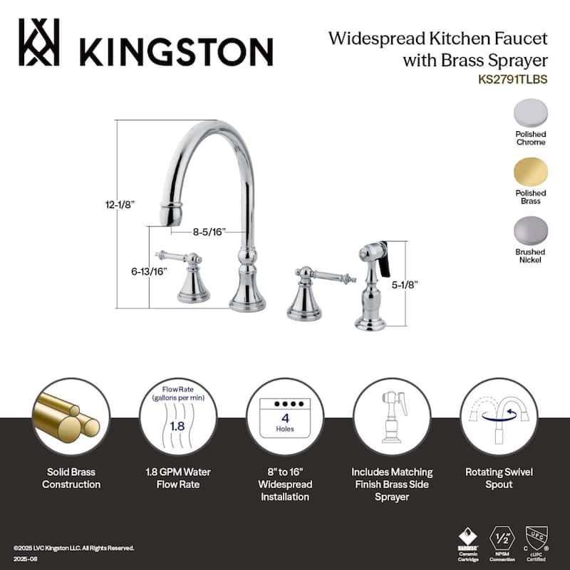 Kingston Brass Templeton Deck Mount Widespread Kitchen Faucet with Brass Sprayer
