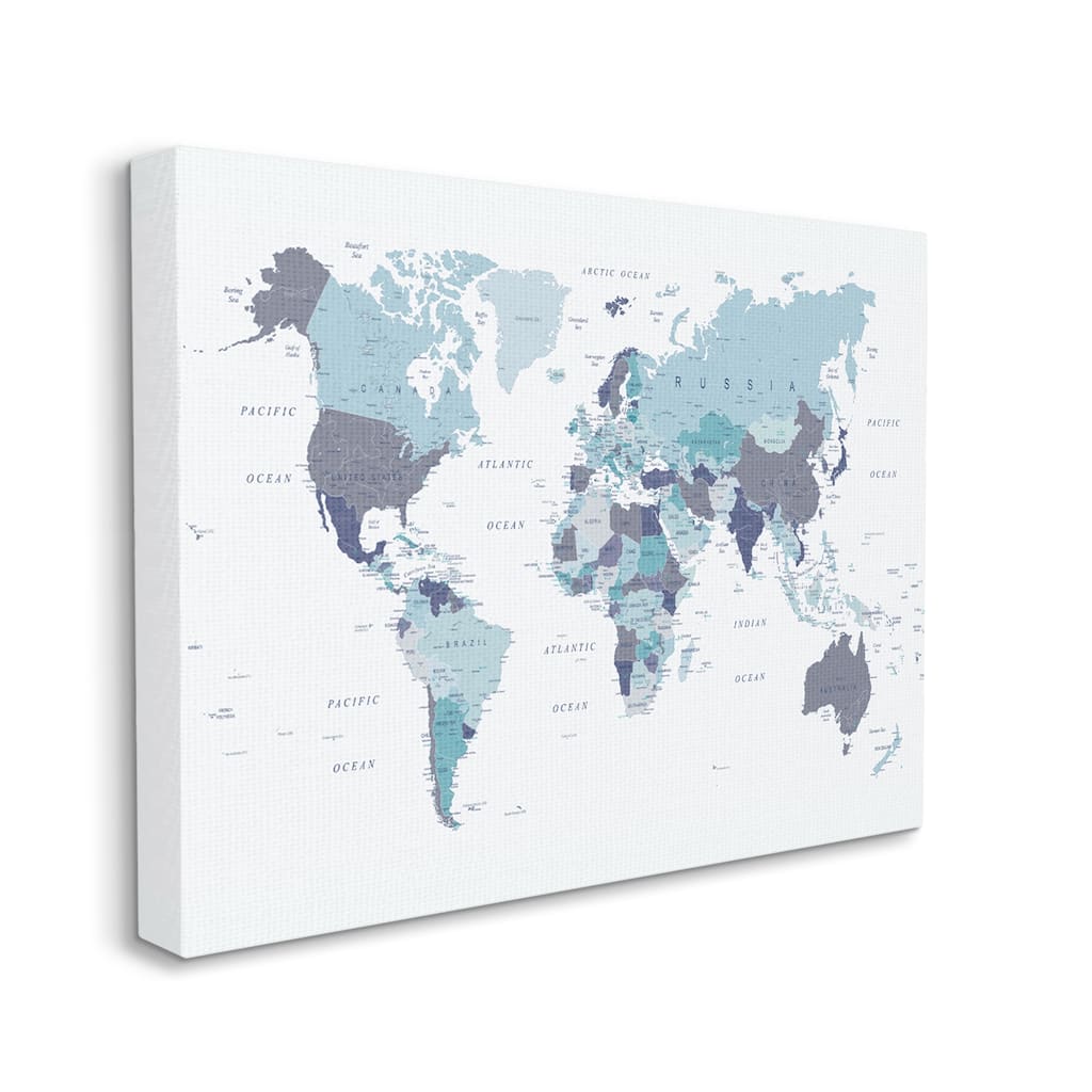 Stupell World Map with Labels Monochromatic Blue Regions Canvas Wall Art