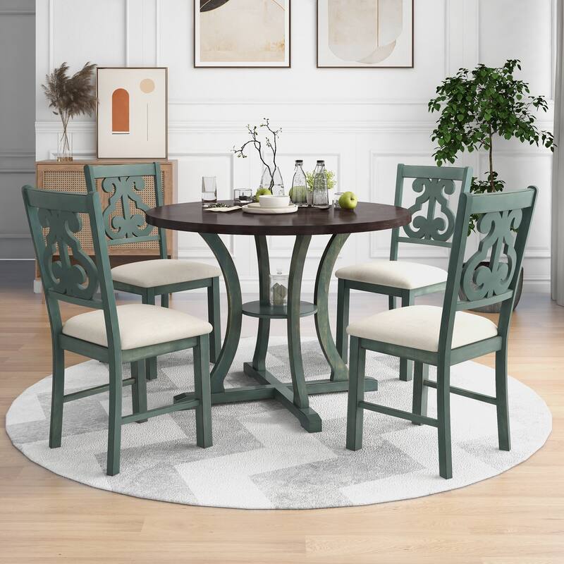 Retro 5-Piece Wooden Dining Table Set with 4 Chairs & Round Table - Antique Blue
