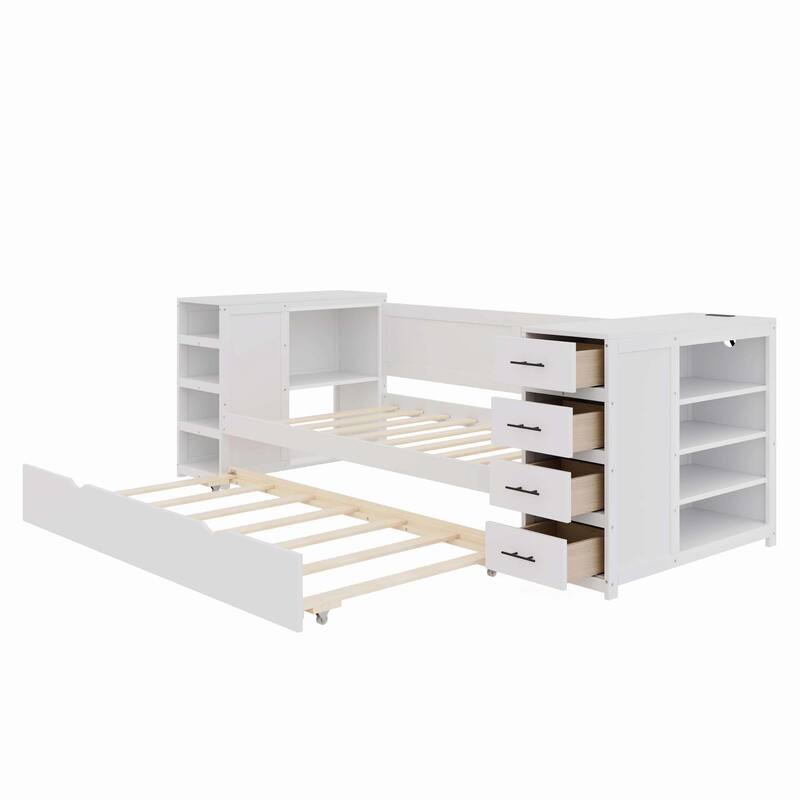 Storage Daybed with Side Shelves, Drawers & Charging Station