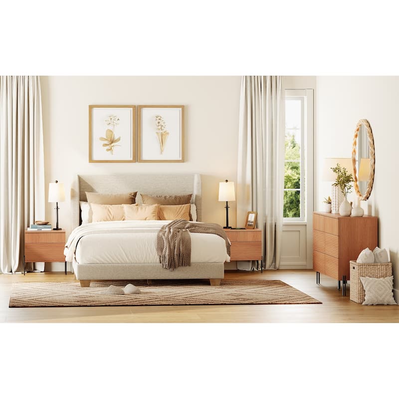 WAMPAT 3-Piece Modern Bedroom Set, 47" Fluted Dresser with 6 Drawers & 2 Nightstands with Charging Station, Oak