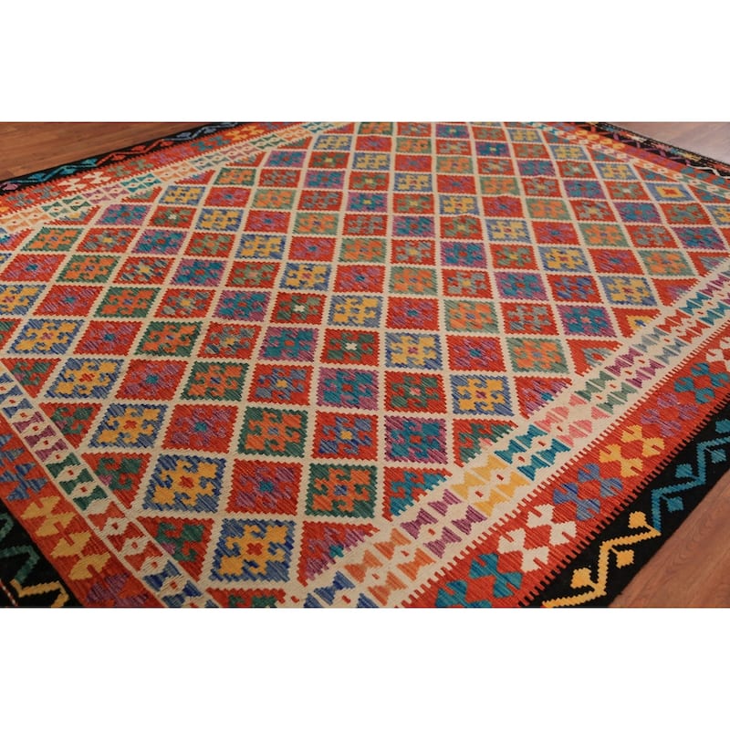 Geometric Trellis Kilim Area Rug Handmade Wool Carpet - 8'8"x 11'4"