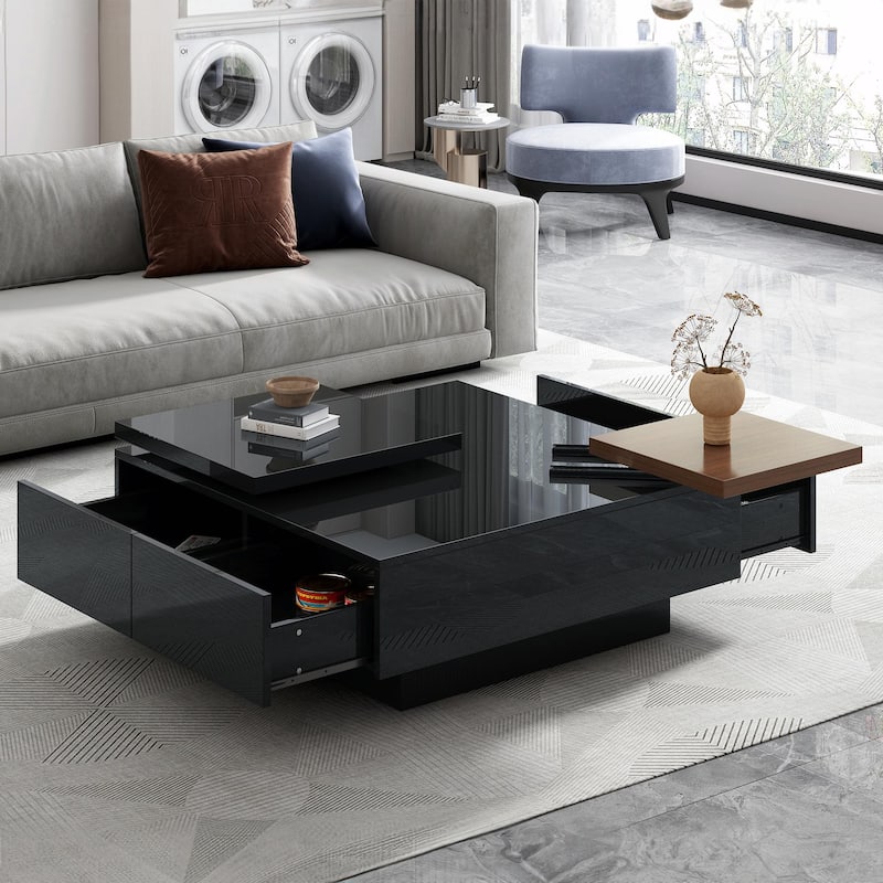 Modern Square Wood Coffee Table with Movable Top and 4 Hidden Storage Drawers - Black