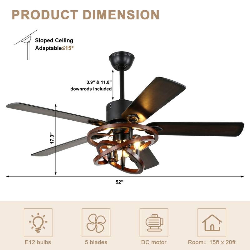Bella Depot 52" Rustic Caged Ceiling Fan with Light Kit and Remote Control 6-Speed Reversible DC Motor