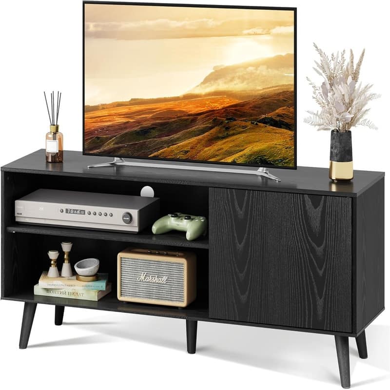 Mid-Century Modern TV Stand - 15.7"D x 55"W x 21.8"H - Relief Black