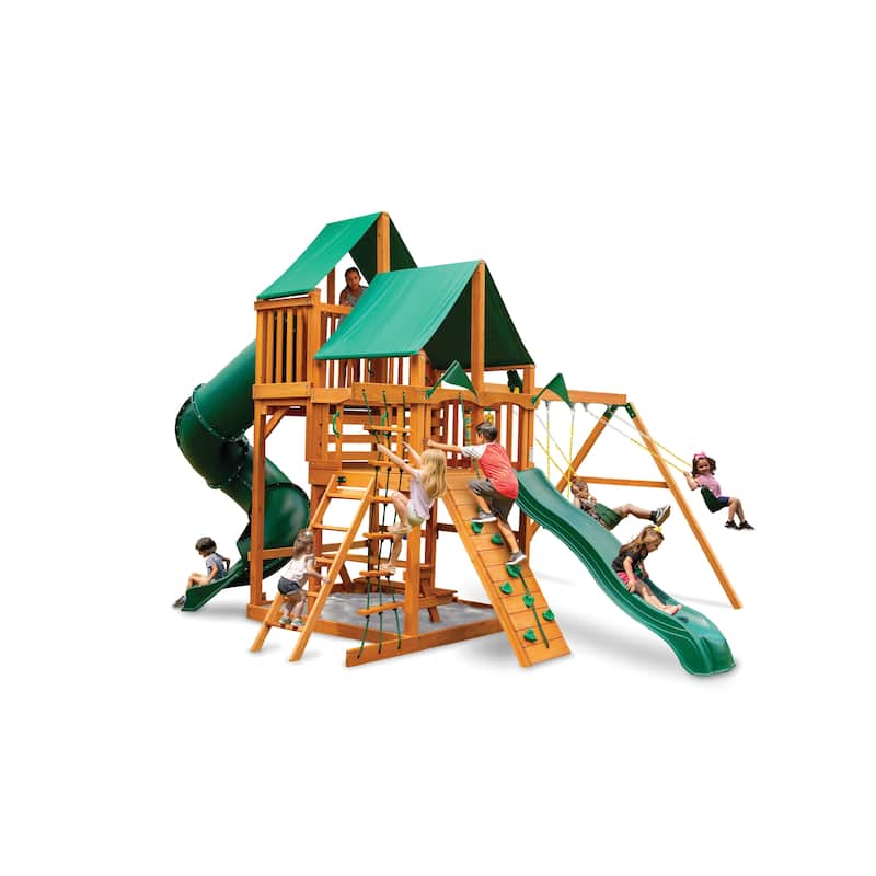 Gorilla Playsets Great Skye I Wooden Play Set with 2 Slides and Multiple Play Decks - green vinyl canopy