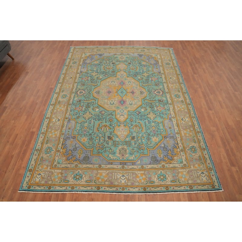 Hand Knotted Oriental 100% Wool Carpet Traditional Floral Navy Blue & Blues Tabriz Area Rug - 11' 3'' X 8' 1''
