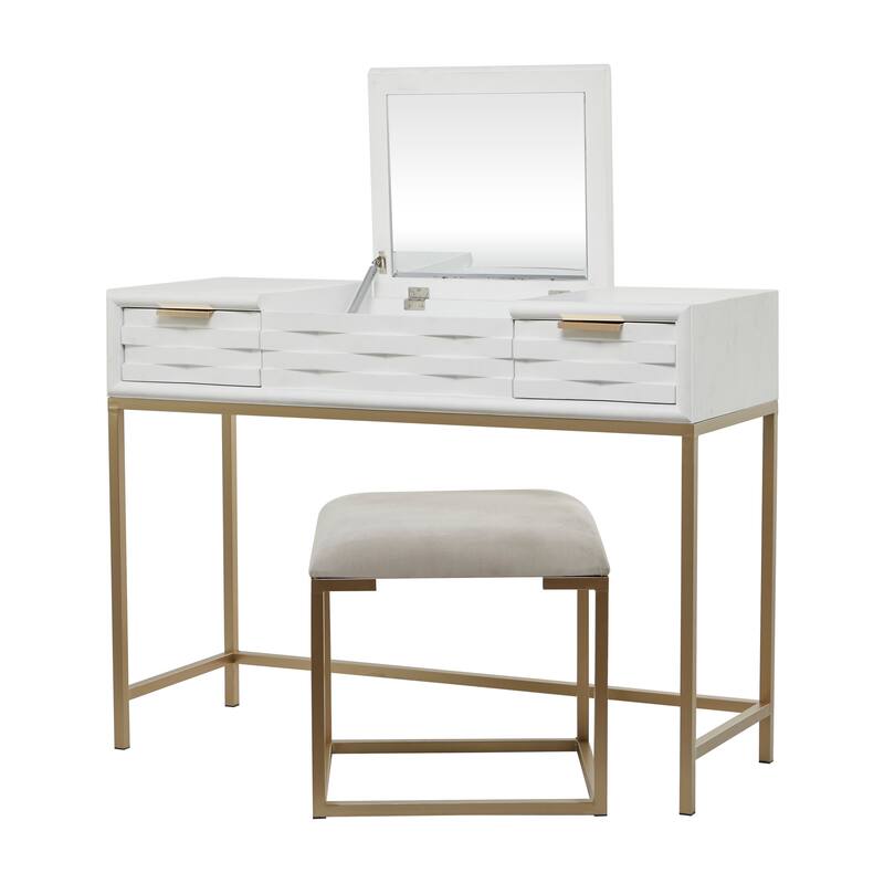 Light Gray Wood Vanity with Stool with Hidden Mirror