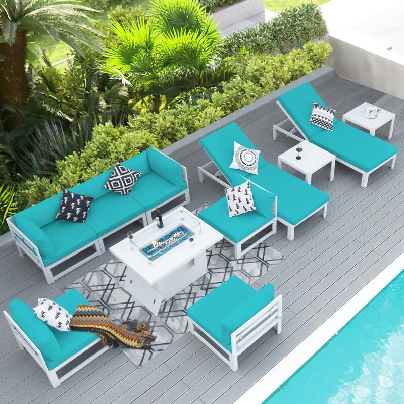 11-Piece Luxury Aluminum Outdoor Furniture Set with Chaise Lounge & Fire Pit Table, 29" Deep Seating Aluminum Patio Sectional - Teal - White Frame