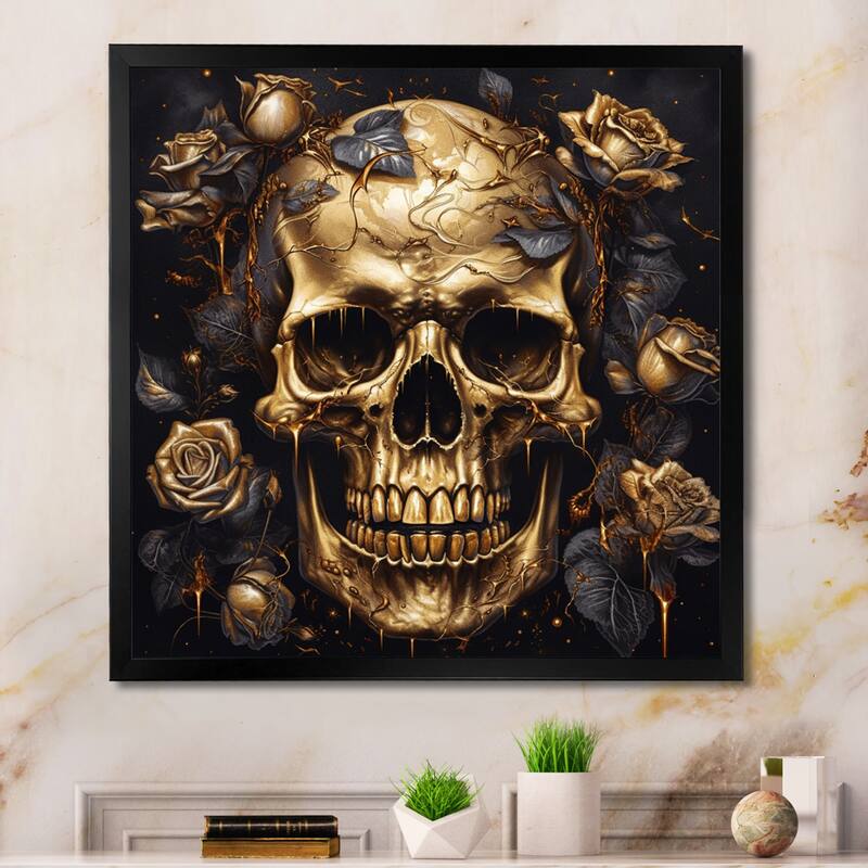 Designart "Gothic Skull Roses" Abstract Floral Framed Canvas Wall Art - 30 in. wide x 30 in. high - Black