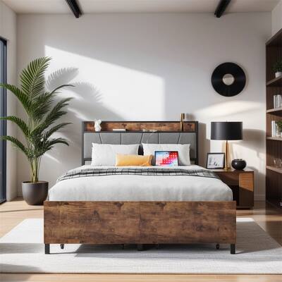 Bed Frame,Storage Headboard w/Charging Station &Drawers,Solid & Stable