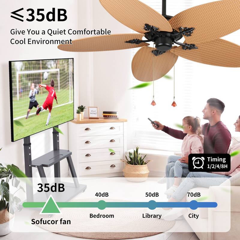 52"Tropical Ceiling Fan with 5 Palm Leaf Blades, Indoor/Outdoor No Light Fan, Pull Chain Control, Dual Mounting Options