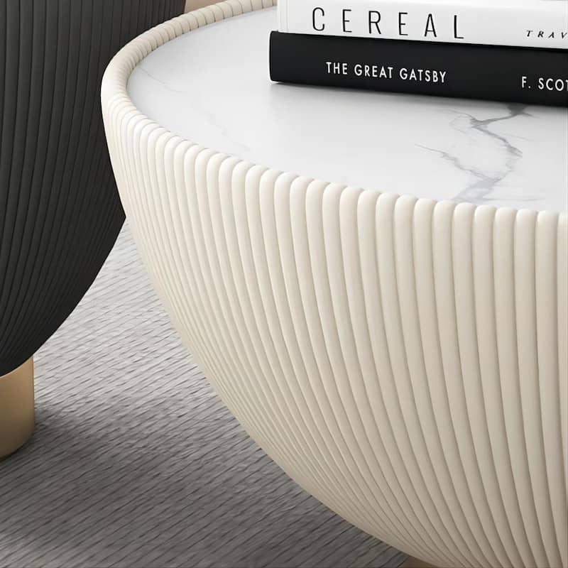 Modern Drum Coffee Table, Sintered Stone Coffee Table with PU Leather and Aluminum Alloy Base