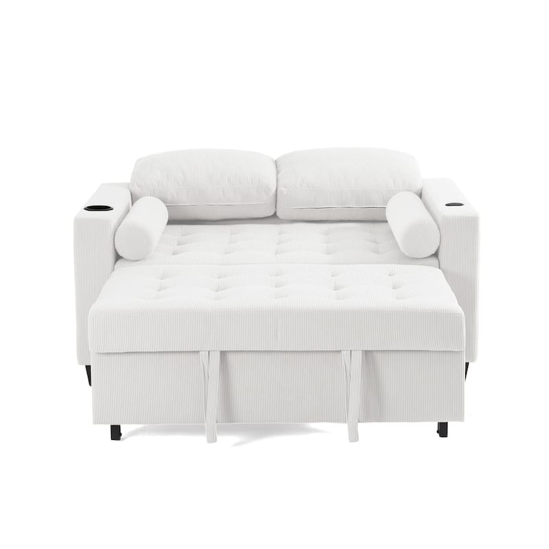 2 Set Corduroy Convertible Sleeper Sofa Bed Loveseats with Cup Holder, USB Ports & Storage