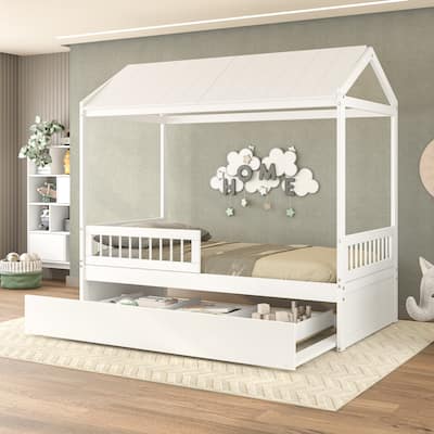 Polifurniture Nyce Twin Size Bed with Roof, Guard Rail, Trundle and Storage Drawer