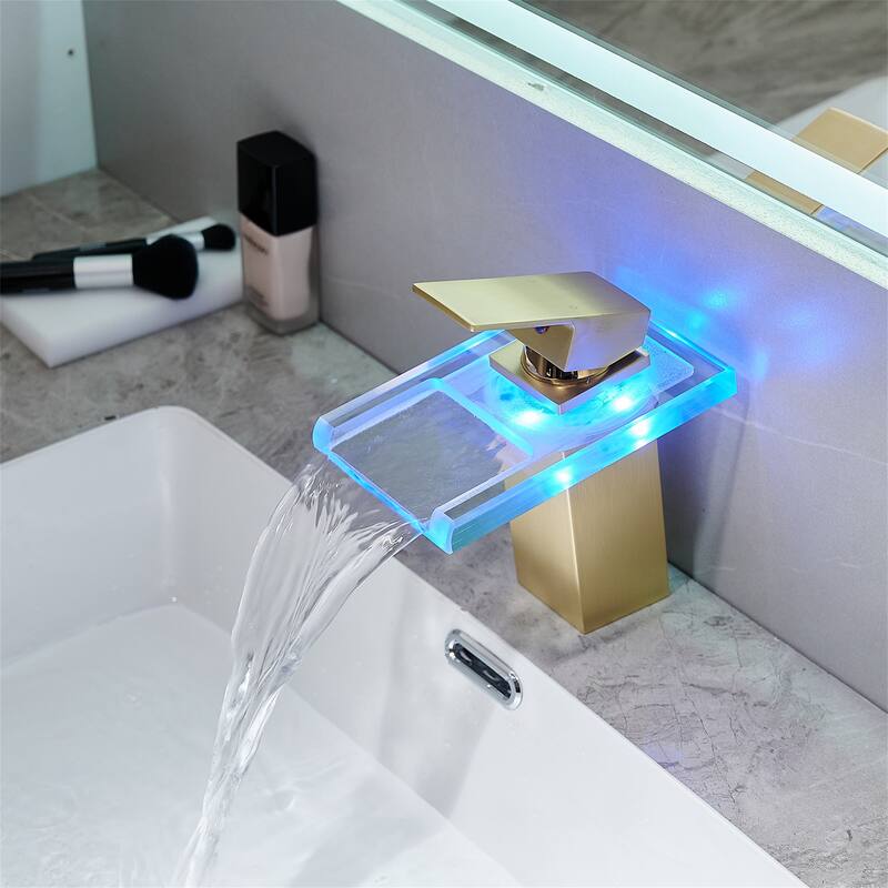 Single Handle Waterfall Bathroom Faucet with LED Light Bathroom Sink Basin Faucets
