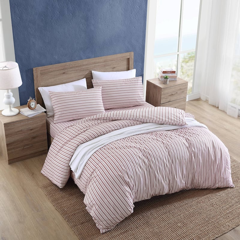 Nautica Coleridge Stripe Red Cotton Percale Duvet Cover