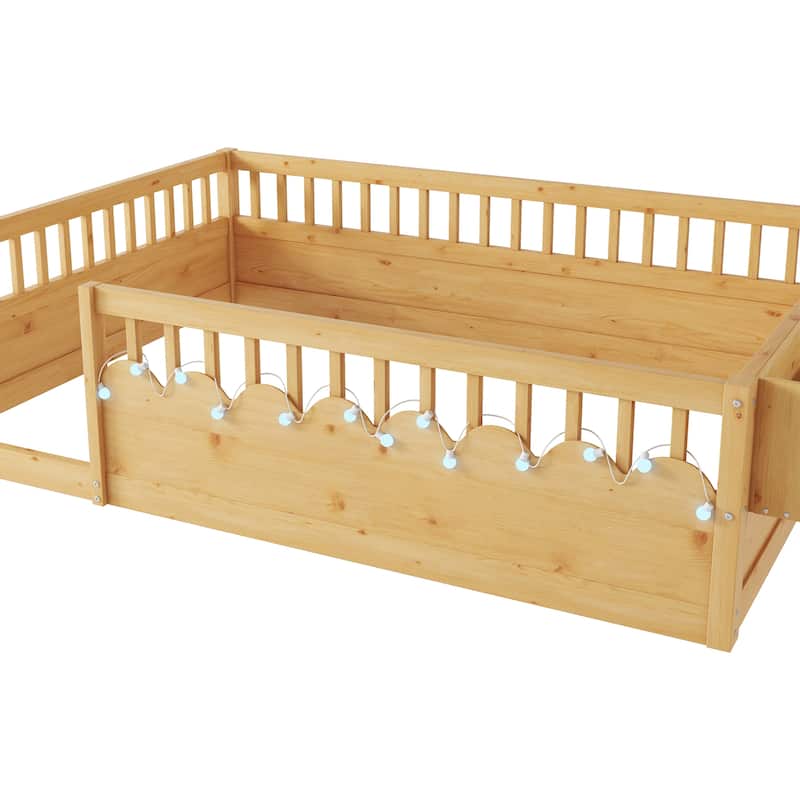 GDF Studio - Ellington Full Size Montessori Floor Bed with High Rails, LED Light, and Storage Shelf
