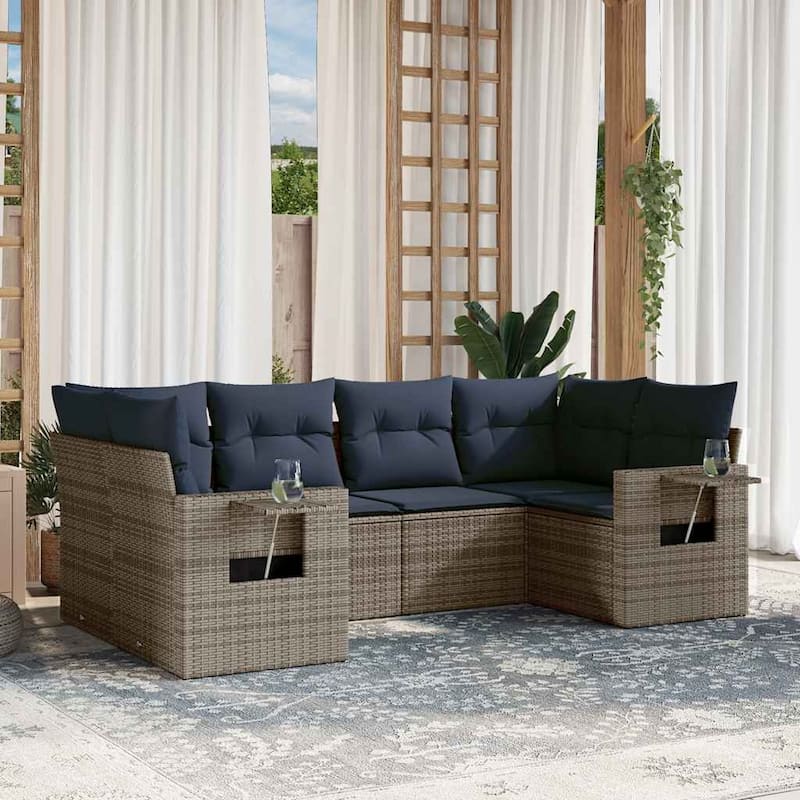 vidaXL 6 Piece Patio Sofa Set with Cushions Grey Poly Rattan - 24.4 x 24.4 x 27.2
