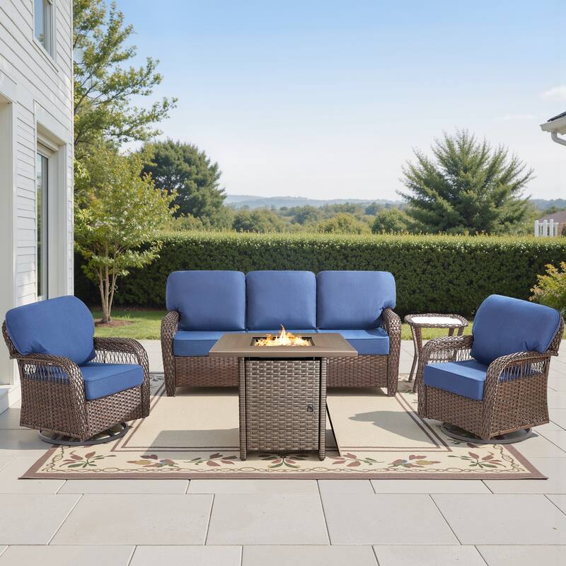 Pocassy Outdoor Sofa Ottoman Swivel Chair Table with Fire Table Funiture Set. - Brown Wicker Blue Cushion - 5-Piece Sofa Swivel Chair Table w/ Fie Pit Table