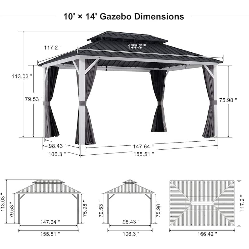 PURPLE LEAF Patio Hardtop Gazebo for Outdoor Grey Galvanized Steel Double Roof White Aluminum Poles