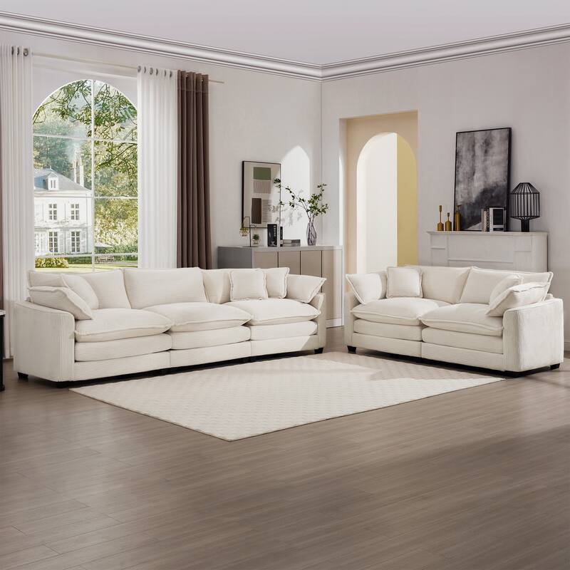 Corduroy Fabric Deep Seat Sofas Set with Throw Pillows, 3+2 Seater Flexible Combinations Sofa with Removable Armrests