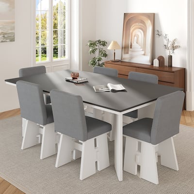 7-Piece Dining Table Set Kitchen Table Set with 6 Upholstered Dining Chairs, Table with 4 Flaky Legs, Tuck-Away Chairs