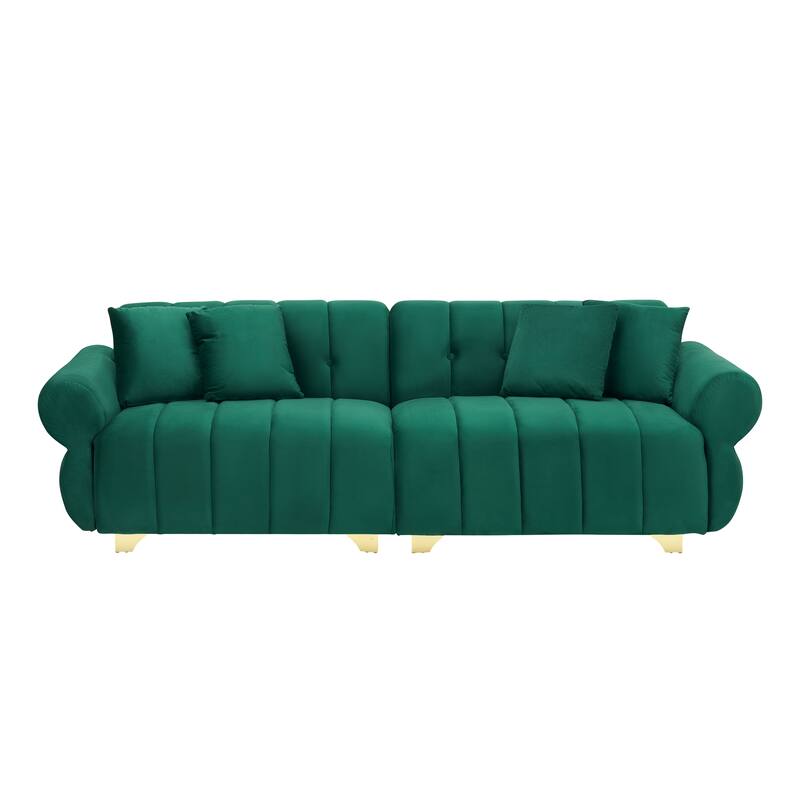 89-inch Green Velvet Sofa with Spring-wrapped Cushions and 4 Throw Pillows