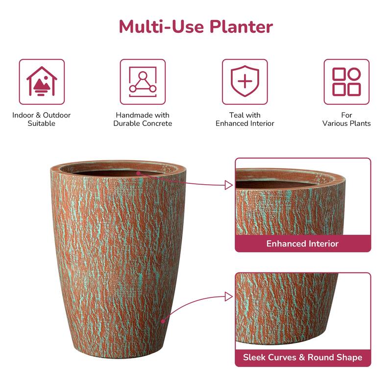 Concrete Tall Round Planter with Floral Pattern with Drainage Holes