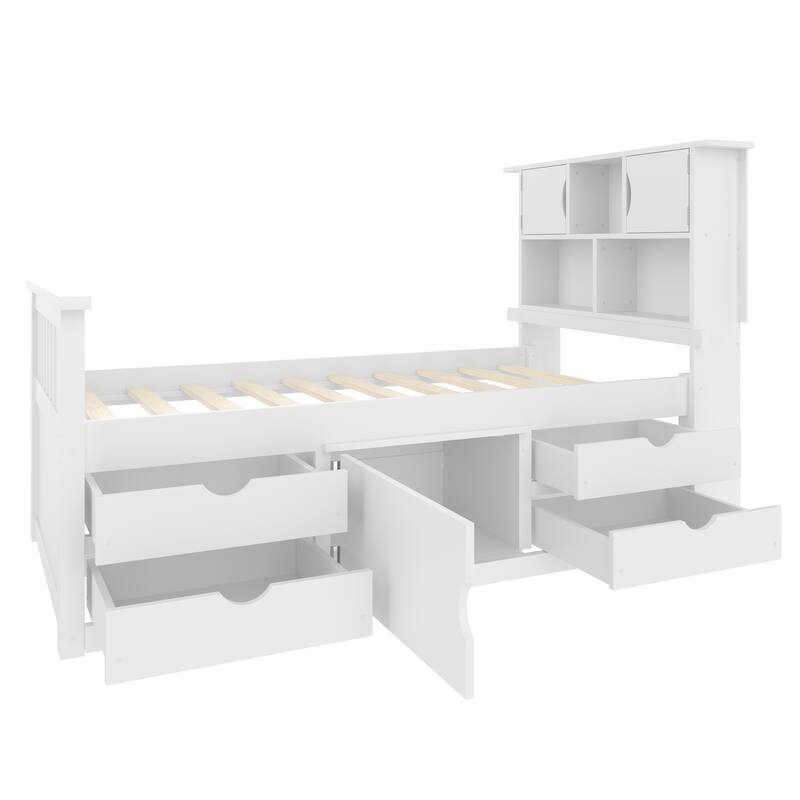 GDFStudio - Wood Captain Platform Bed with Storage Bookcase Headboard