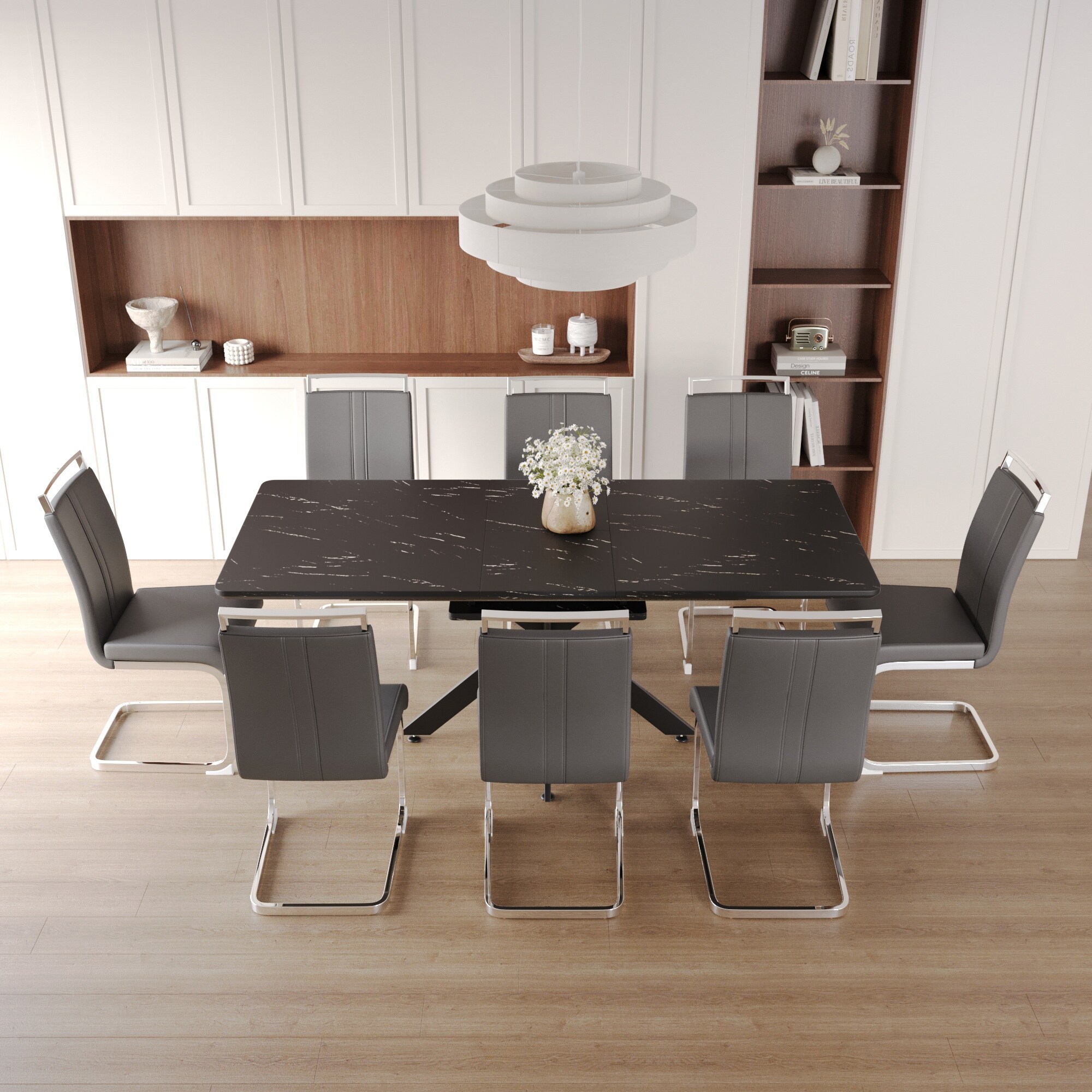 Extendable Dining Table Set For 6-8 Person With C-Shaped Tube Soft Padded Armless Dining Chairs And Metal Legs