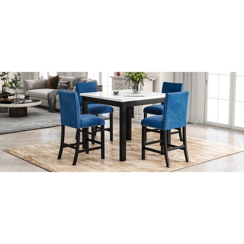 Roomfitters 5-Piece Counter Height Dining Table Set with Faux Marble Square Table and Velvet Upholstered Chairs