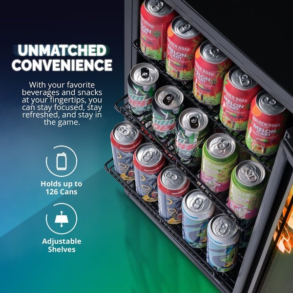 Newair Prismatic Series 126 Can Beverage Refrigerator RGB HexaColor LED Lights Mini Fridge for Gaming with Remote Control On Sale Bed Bath Beyond 39077470