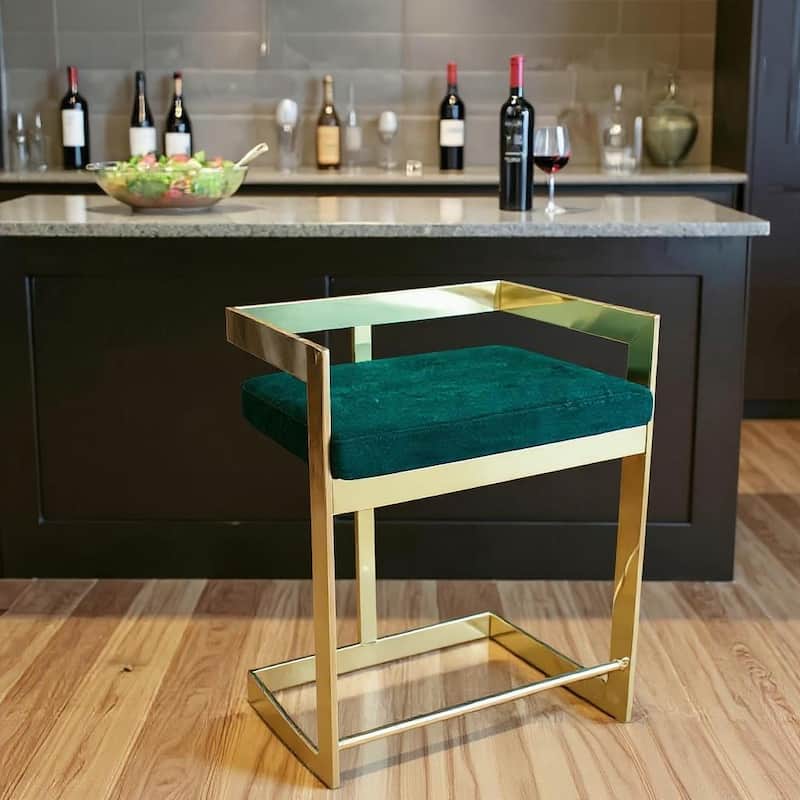 HomeRoots 30" Green and Gold Metal and Velvet Low Back Bar Height Bar Chair - Bar Height - Green - Single