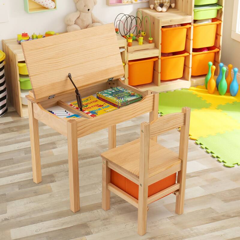 Gymax Kids Table and Chair Set Wood Activity Study Desk w/ Storage