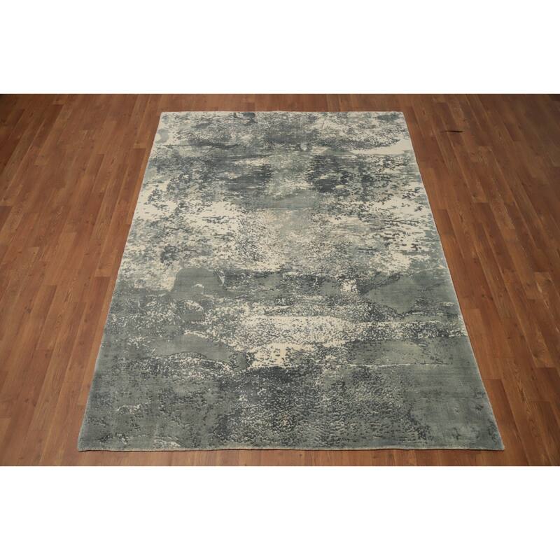 Hand Knotted Oriental Viscose Silk Carpet Modern Abstract Beige & Ivories Abstract Area Rug - 7' 2'' X 5' 4''