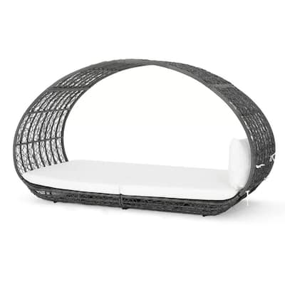 Outdoor Canopy Daybed, Gray Faux Rattan Frame with Off White Cushions