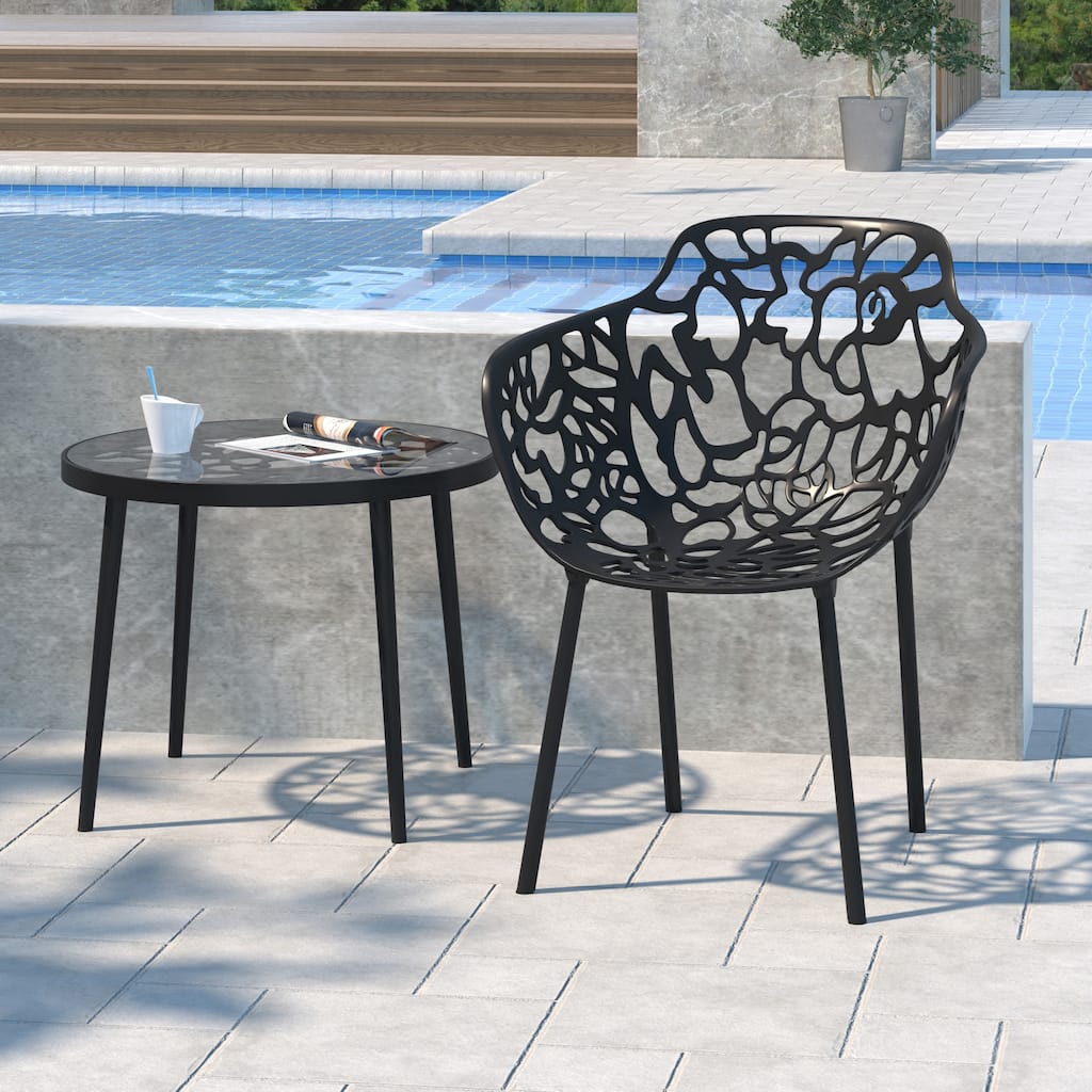 Devon Aluminum Dining Armchair with Floral Cutouts - Stackable, UV-Protected, Indoor/Outdoor Patio Side Chair