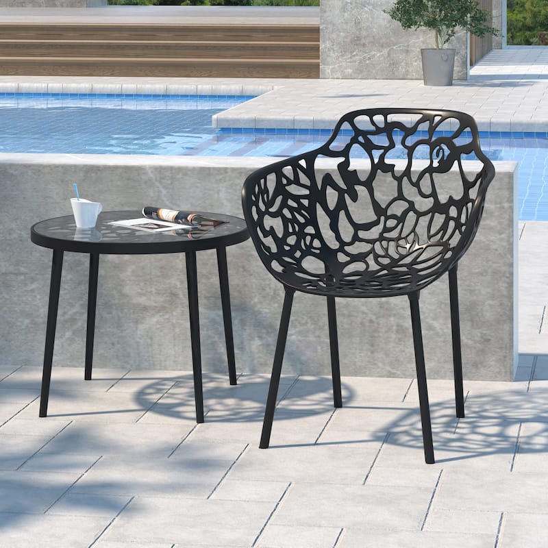 Devon Aluminum Dining Armchair with Floral Cutouts – Stackable, UV-Protected, Indoor/Outdoor Patio Side Chair